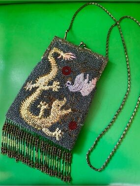 Embroidered Dragon Beaded Evening Bag in Gold and Black